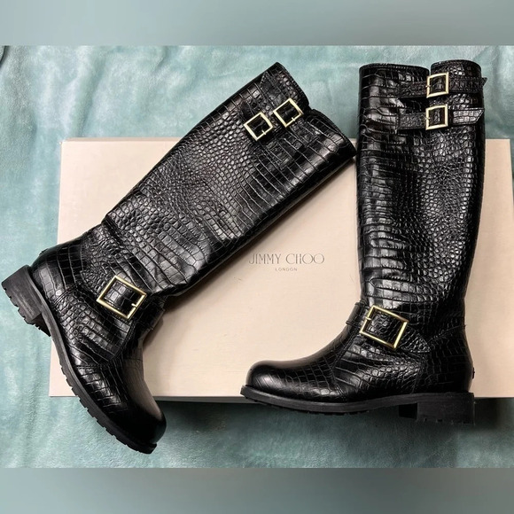 JIMMY CHOO Womens Boots Stamped Mock Croc Shearling Size 36.5 Buckled $1,295 - Picture 14 of 16